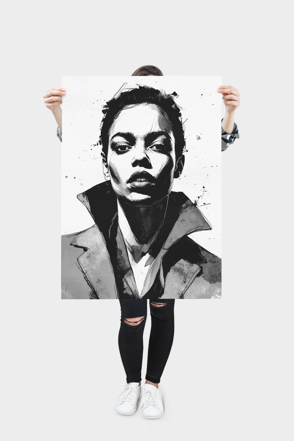 Urban Power Portrait – Black & White Ink Canvas Wall Art