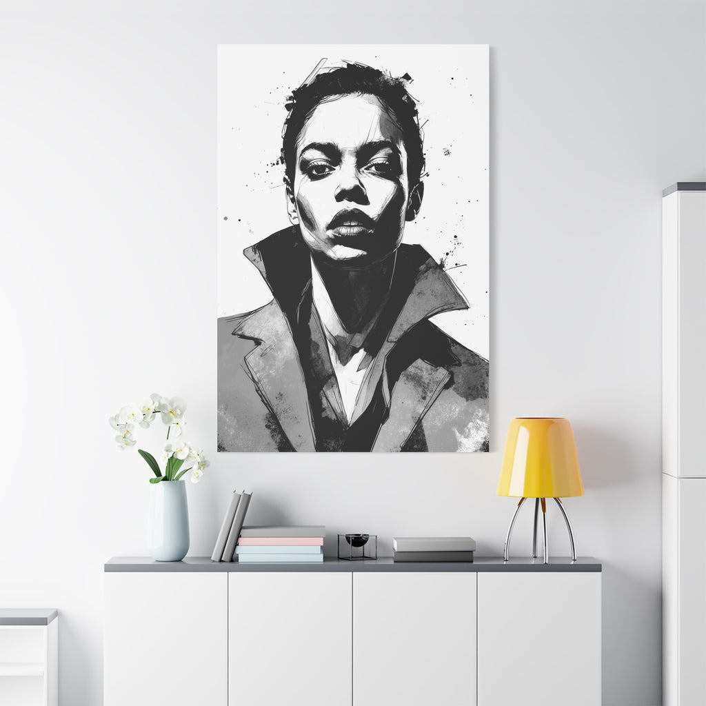 Urban Power Portrait – Black & White Ink Canvas Wall Art